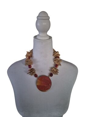 Wooden Beige and Red Wooden Disc Statement Necklace